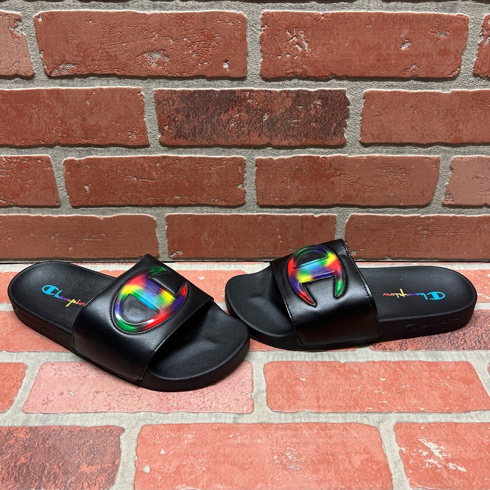 Champion 'IPO JELLIE' Black/Tie Dye Logo Slide Sandals Women's Size 8